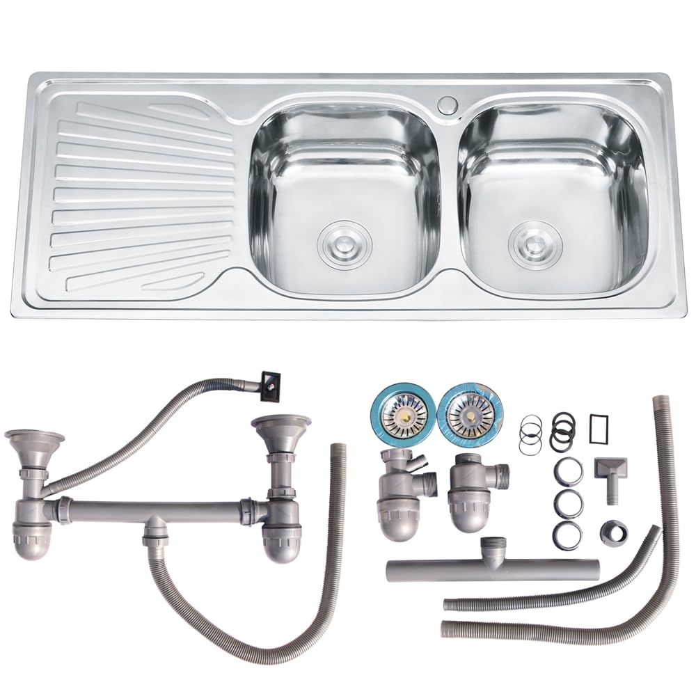 Melko 120cm stockage double évier intégré dans l'évier de cuisine en acier inoxydable 2 vasques