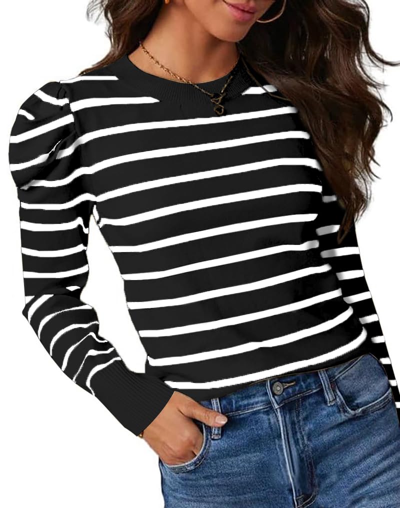 UNCLECAT Women's Striped Sweater Trendy Lightweight Sweaters Puff Long Sleeve Tops Casual Knit Pullover Shirts