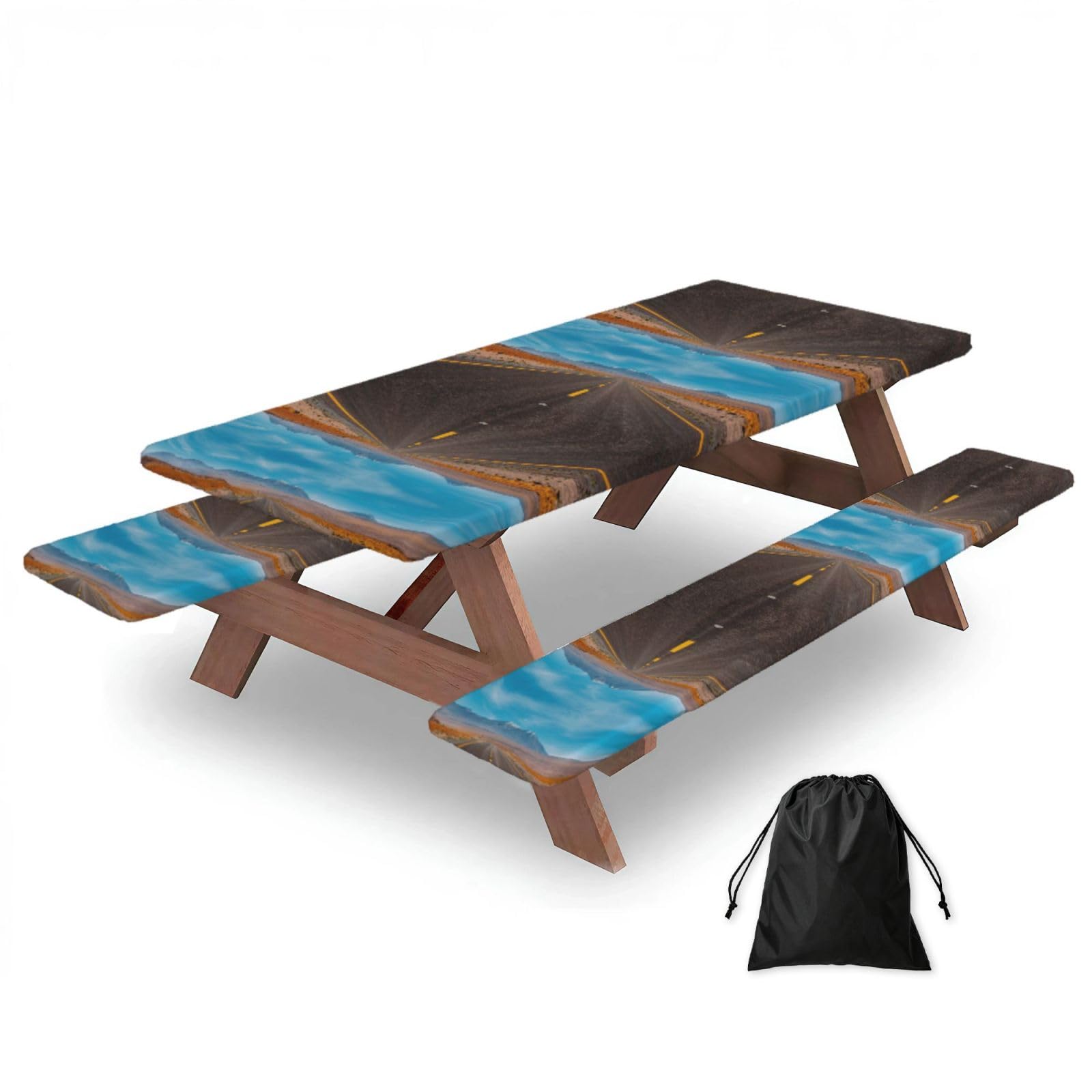 EZDLOWVBA Highway Road In The Desert Landscape Print Picnic Table Cover With Bench Covers Waterproof Fitted Picnic Table Outdoor Elastic Picnic Tablecloth Outdoor Camping Essentials(3pcs)