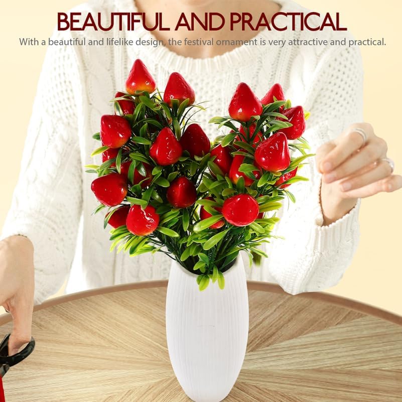 Amosfun Artificial Strawberry Stems 4 Pcs Faux Strawberry Floral Arrangement for Home Decor Party Vase Filler DIY Decorative Branches