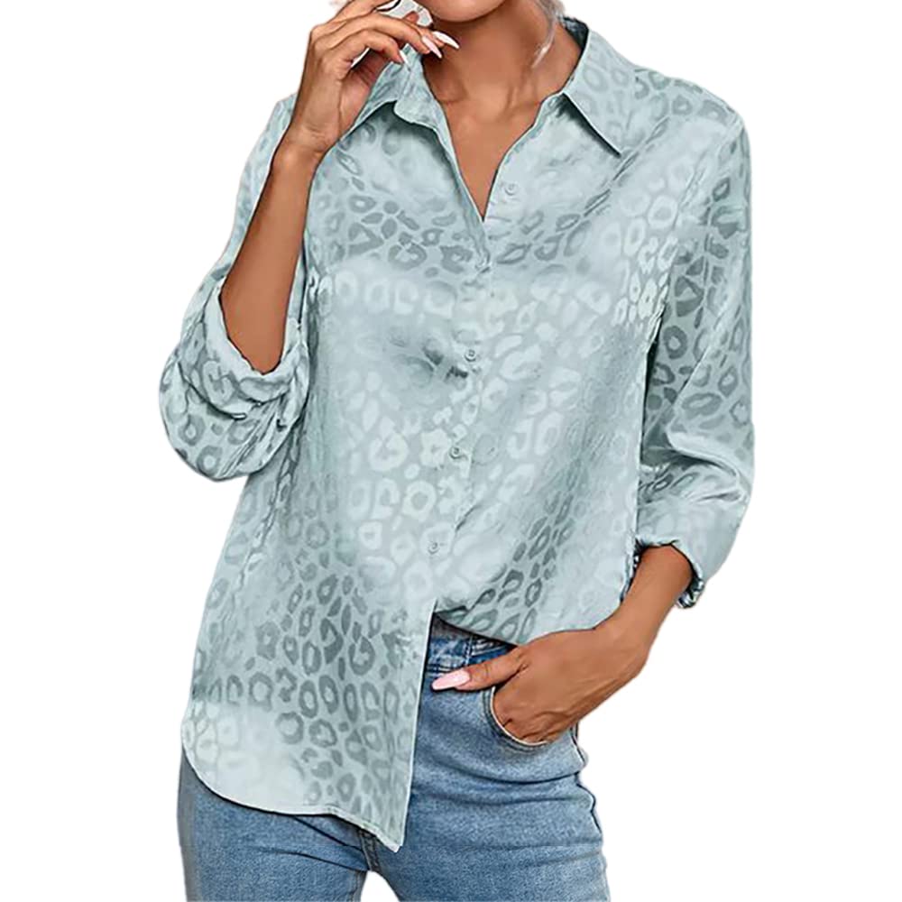 KCatsyWomen Business Casual Tops Satin Leopard Dot Pattern Long Sleeve Button Down Shirt Silky Turndown Collar Loose Blouse