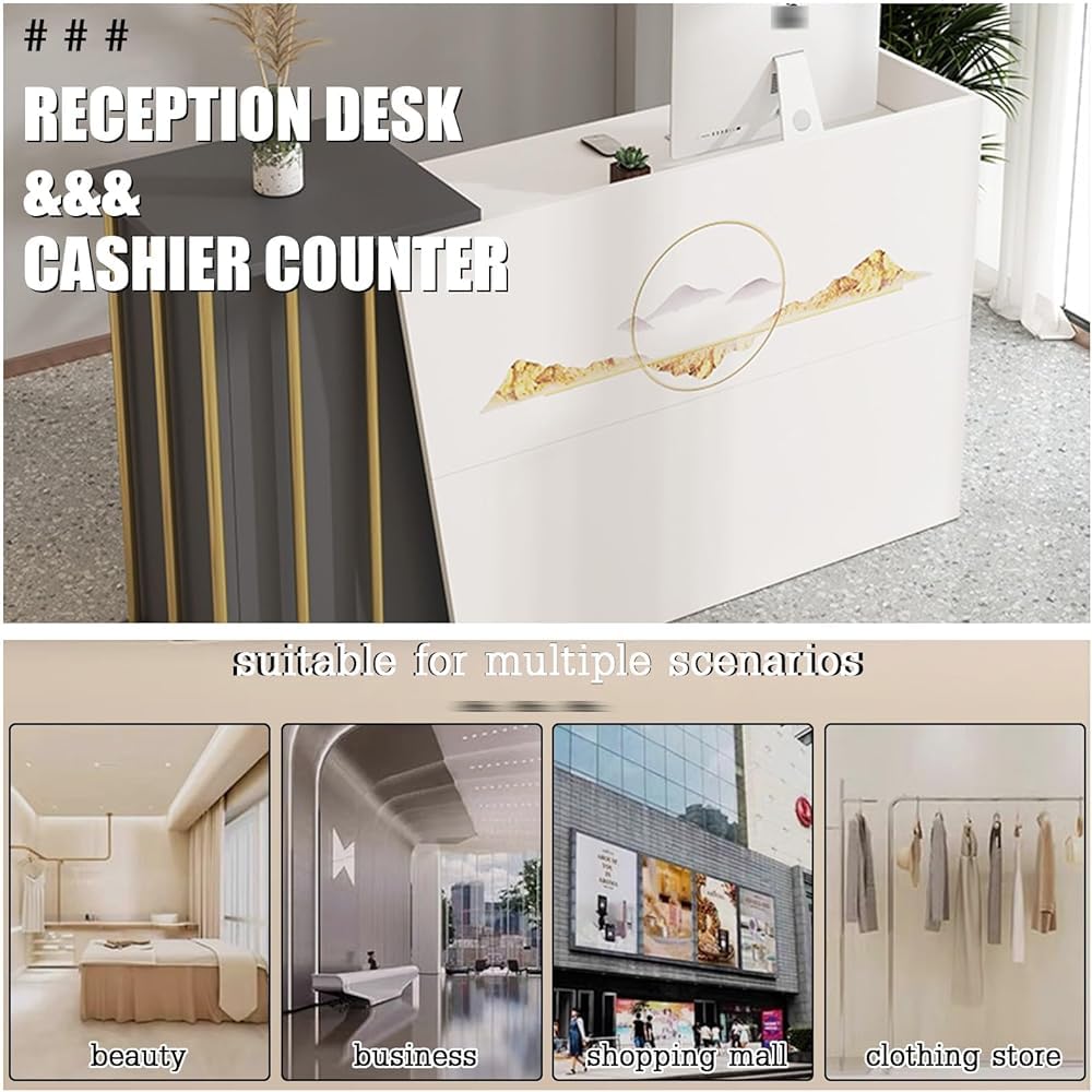JingNian Bancone Reception Ufficio con Cassetti Serratura e Ampio Spazio di Archiviazione, Banco Reception Moderno per Negozi Abbigliamento Pasticcerie Hotel Centro Estetic(Size:120CM,Color:Stampato)