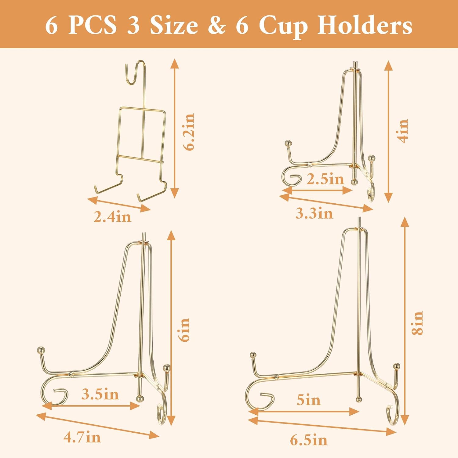 6 Pcs 3 Size Gold Plate Stands for Display, 4 6 8 Inch Plate Holder & 6Cup and Saucer Display Stand for Displaying Picture Frames, Book, Card, Mug Organizer, Bowl, Decorative Plates, Tablet and Art