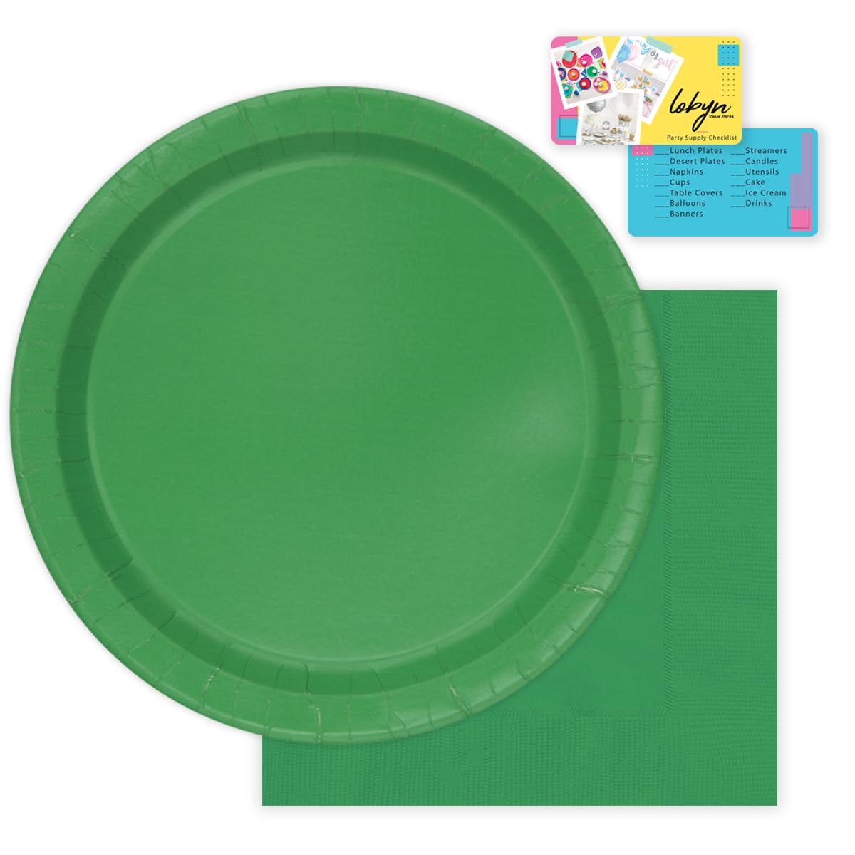 Lobyn Value PacksSolid Color Standard Plates and Napkins for Catering Birthdays and Family Gatherings 16 Counts 9" Emerald Green Standard Plates 20 Counts 6.5" Emerald Green Napkins Made In USA