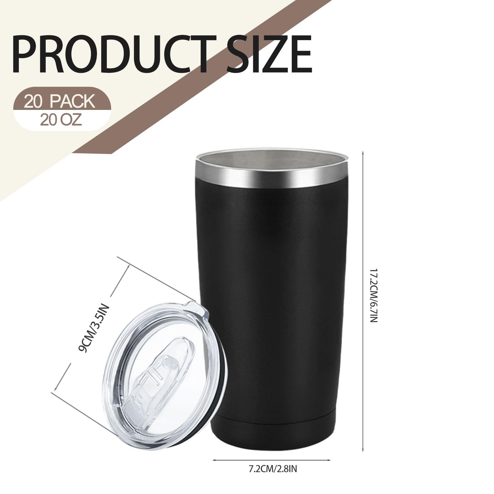 YOUKE OLA 20 Stück Edelstahlbecher, isoliert, Vakuum-Reisebecher, pulverbeschichtet, Kaffeebecher, Geschenk für Lasergravur, 590 ml, Schwarz