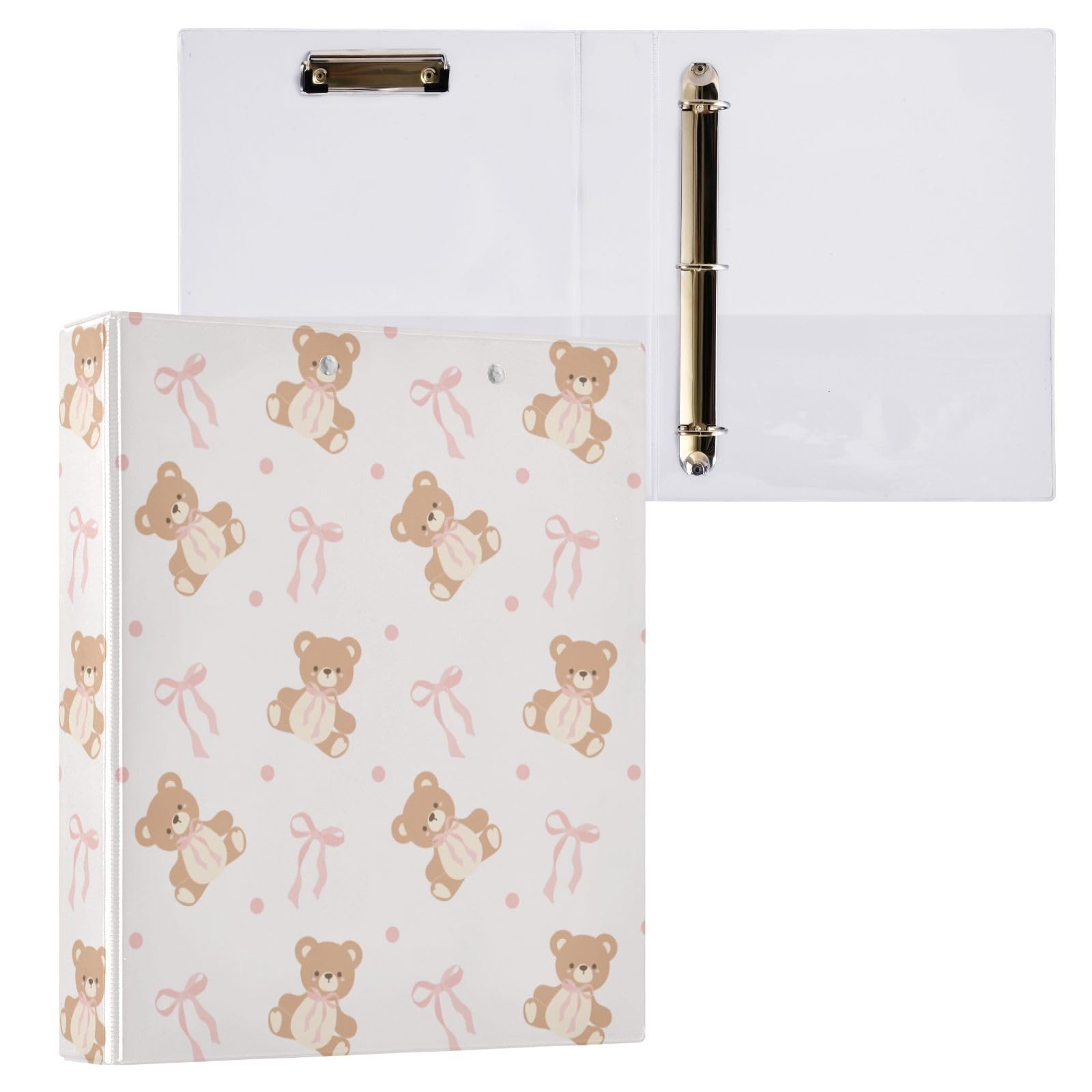 KICPOAY 3 Ring Binder 1.5 Inch Animal Bear Pink Ribbon Bow Clipboards Binders with Interior Pockets Round Ring Binder for Office Supplies and School 1