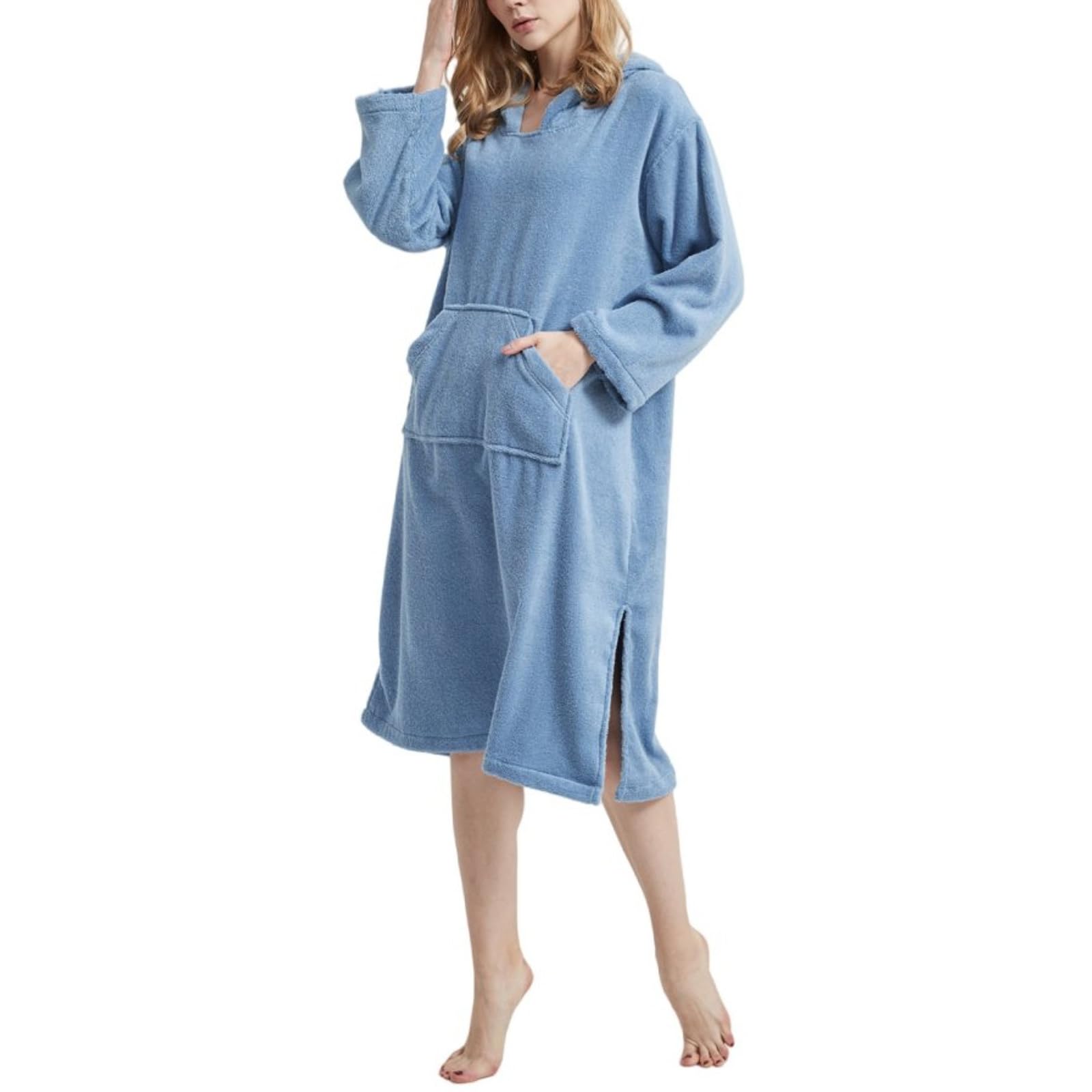 Damski Szlafrok z Kapturem Wykonany w 100% z Bawełny Frotte Rękaw 3/4 Średniej Długości Chłonny Szlafrok/Podomka z Kieszenią,Blue,M