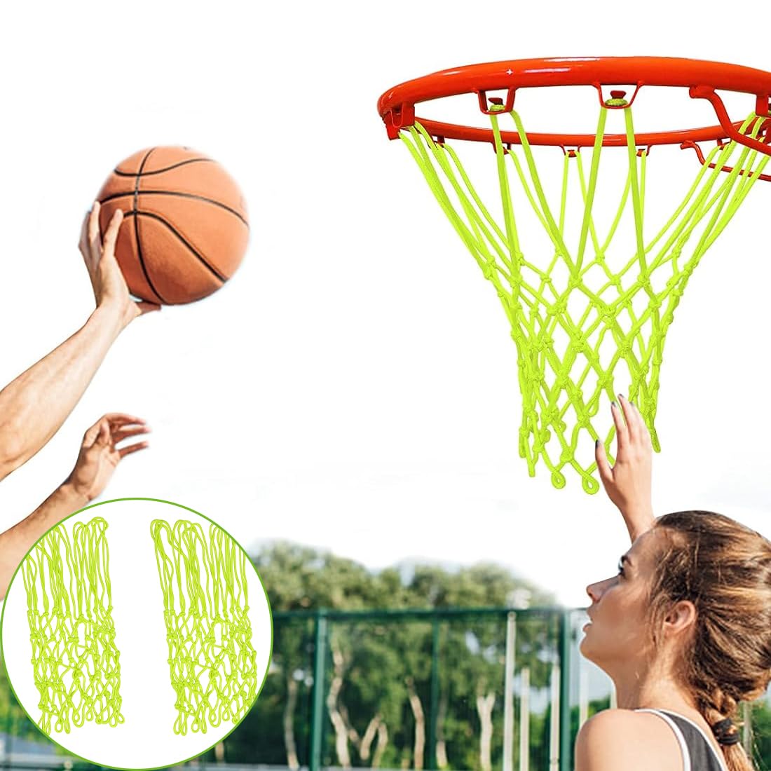 Rete da Basket per esterni, 2 pezzi, rete da Basket in nylon, verde fluorescente, per sport indoor e outdoor, attività notturne