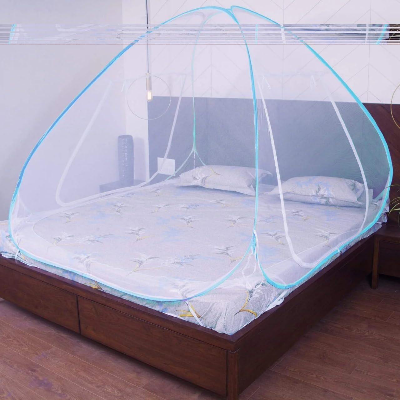 Portable Mosquito Net, Navy Blue Trim, Polyester, Double Bed Size 200x180cm, Hexagonal Mesh Design, Foldable Travel, Rectangular Frame, Indoor Outdoor Protection