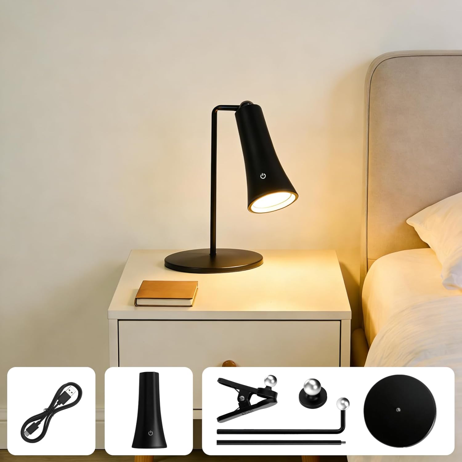 Rechargeable LED Desk Lamp, 4-in-1 Cordless Table Lamp, Magnetic Wall Mount LED Light, with Stepless Brightness, 3 Color Dimmable, 360° Rotation, For Reading, Office, Bedroom,Working, Hallway (Black)