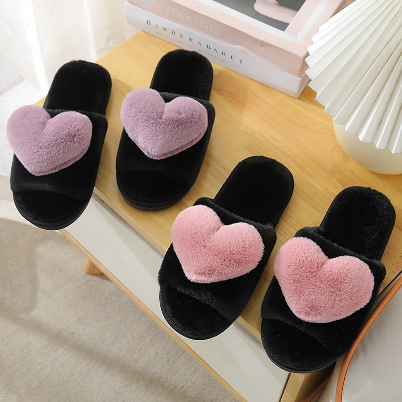 Rteyno Women's Fuzzy Slippers 3D Heart Open Toe Non-slip Soft Sole House Shoes Girl Ladies Indoor Outdoor Shoes3
