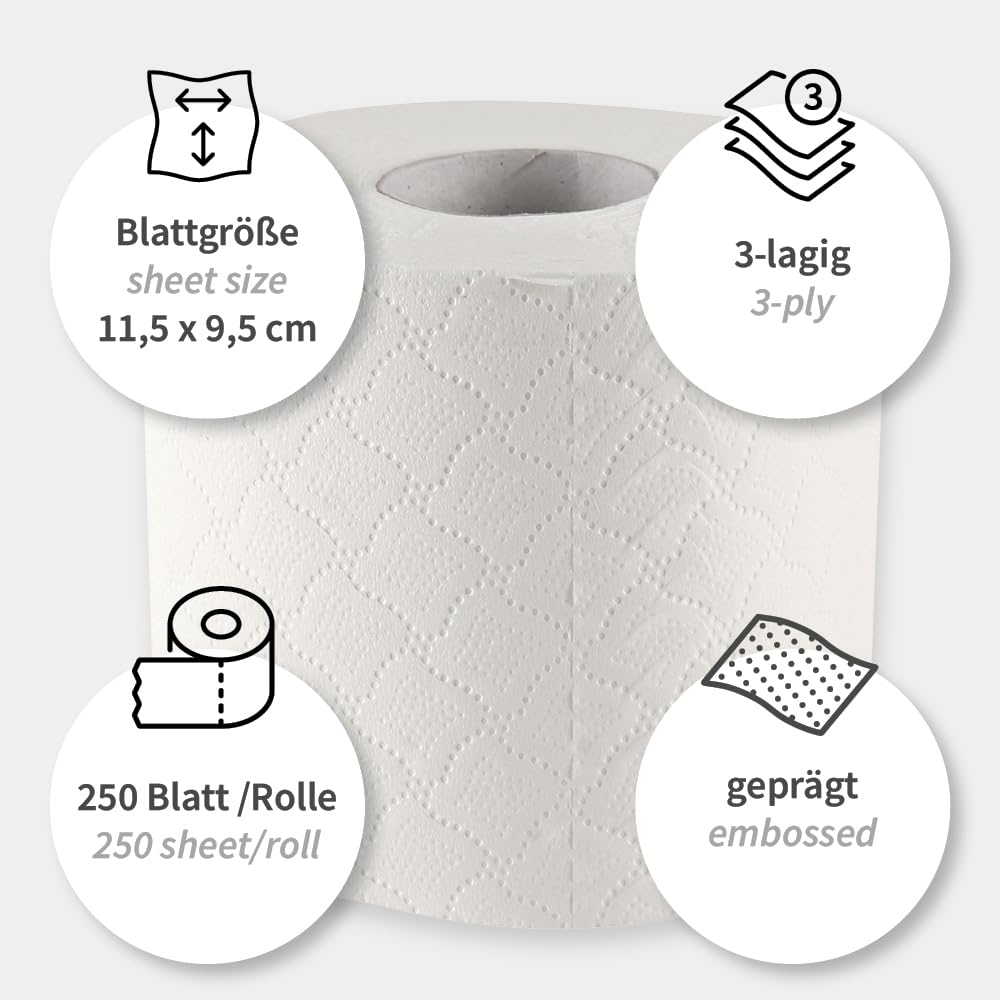 64 Stück Hygoclean Toilettenpapier, Kleinrolle, 3-lagig, weiß | Zellulose, FSC®-Mix, weiß, Abrisse: 250, L: 11,5cm, B: 9,5cm