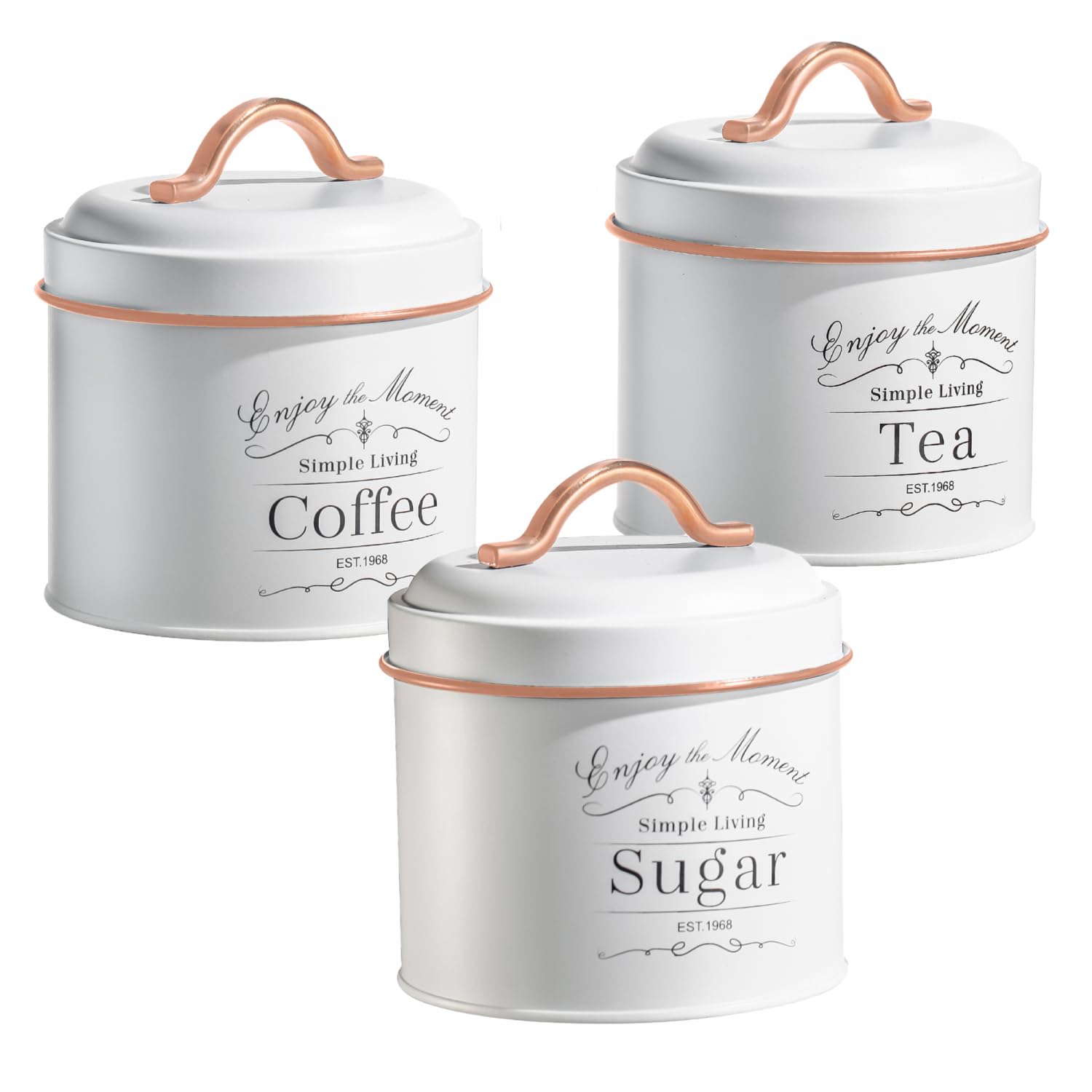 Herzberg, HG04432, Set de boîtes de conserve vintage 3 pièces avec bordure dorée rose, design élégant pour rangement, cuisine ou décoration - Taille : 3 pièces, Couleur : Blanc avec Or Rose