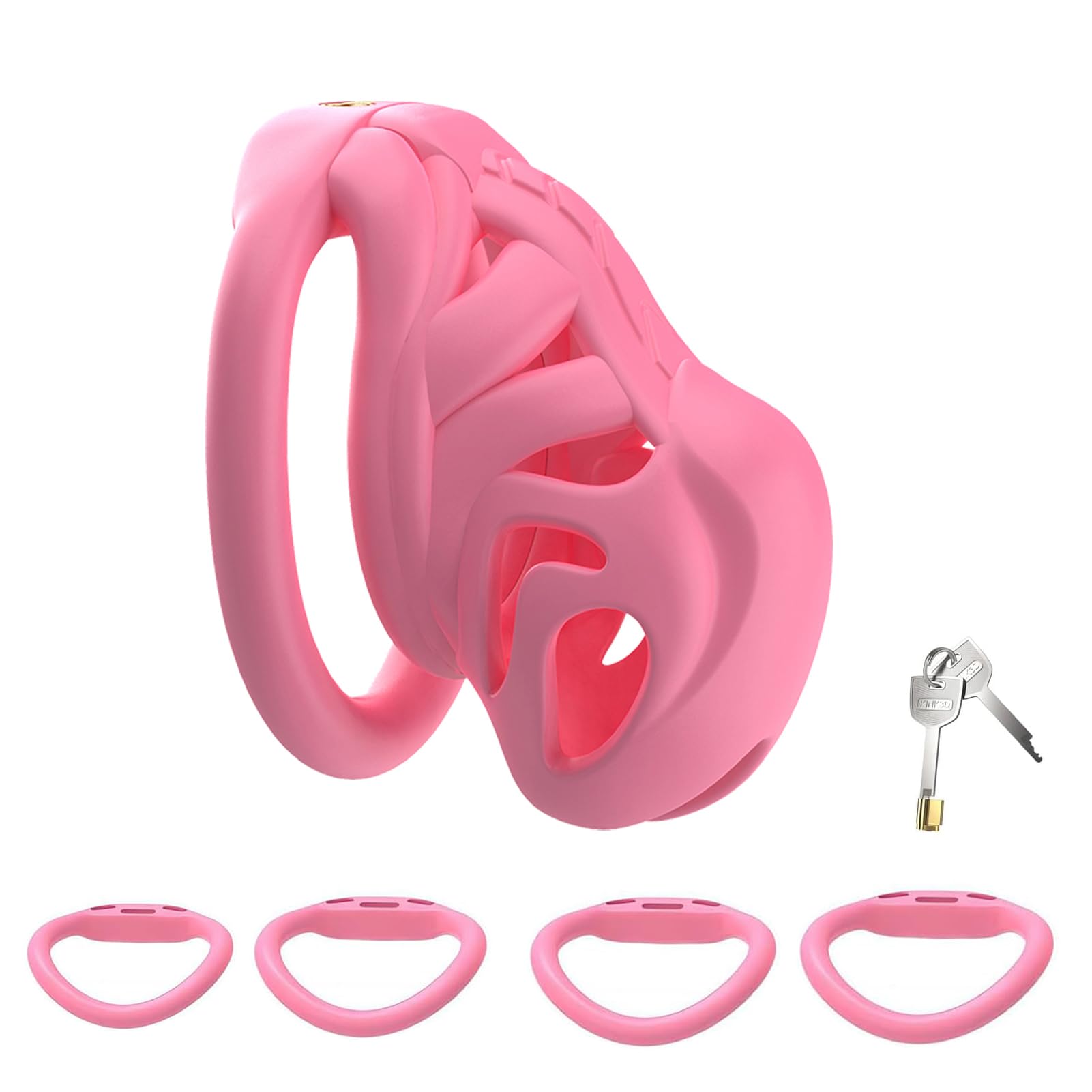 SeLgurFos Jaula de Castidad Hombres con 4 Anillos y 2 Llaves, Multiagujero, Cilindro Oculto, Wearing Chastity Cage Men SM Bondage Sex Toys for Men (Pink,S-Arc-ring)