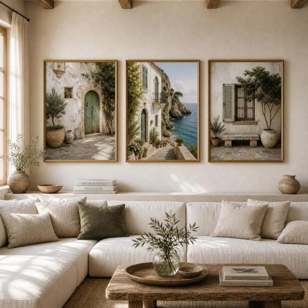 Dittelle Frameless Italian Coastal Village Print Posters,Mediterranean Wall Art,Rural European Decor,Living Room Bedroom Wall Art Decor(60X80cm/3Pcs )