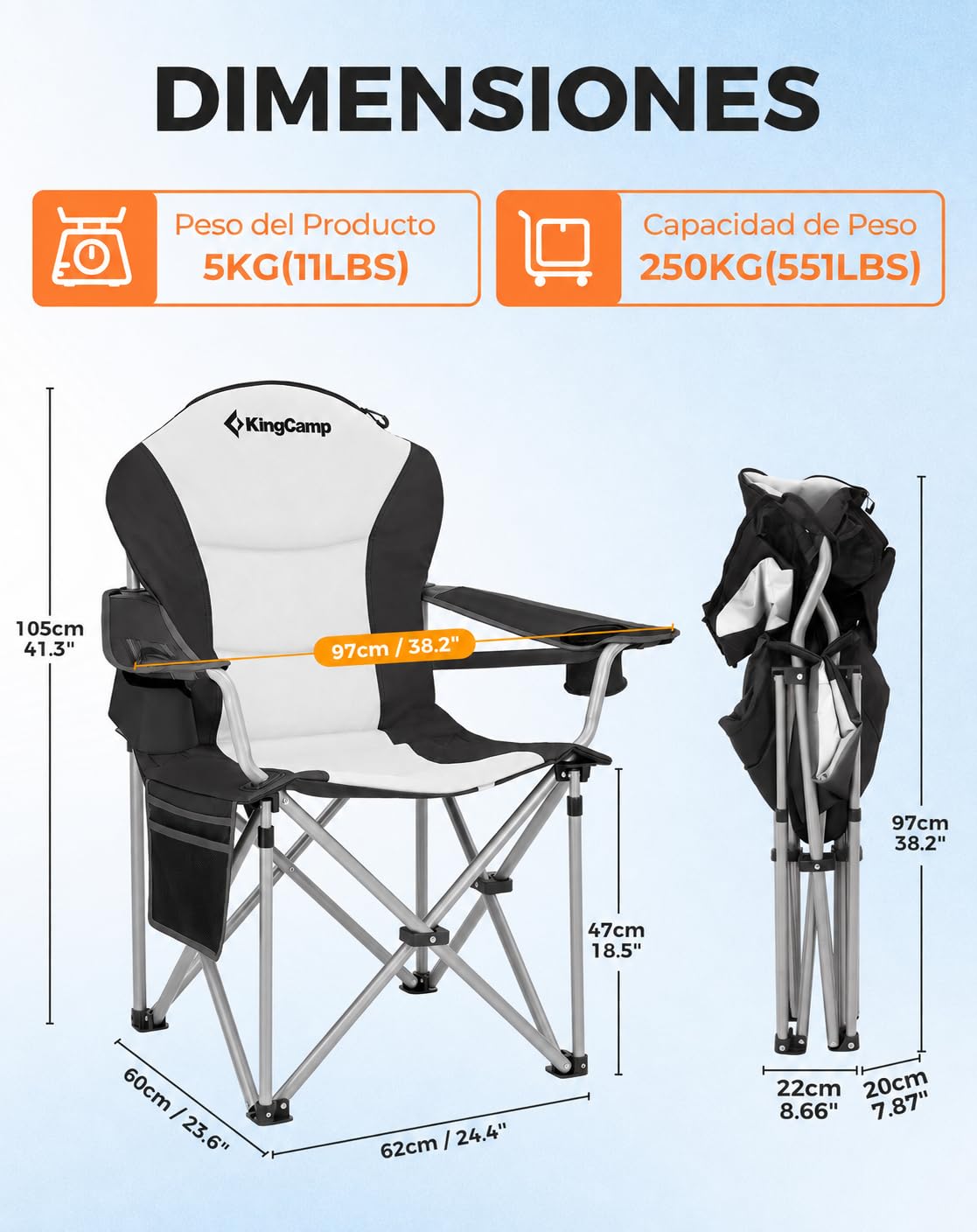 KingCamp Silla de Camping Plegable Ergonómica Acolchada XXL 250 kg