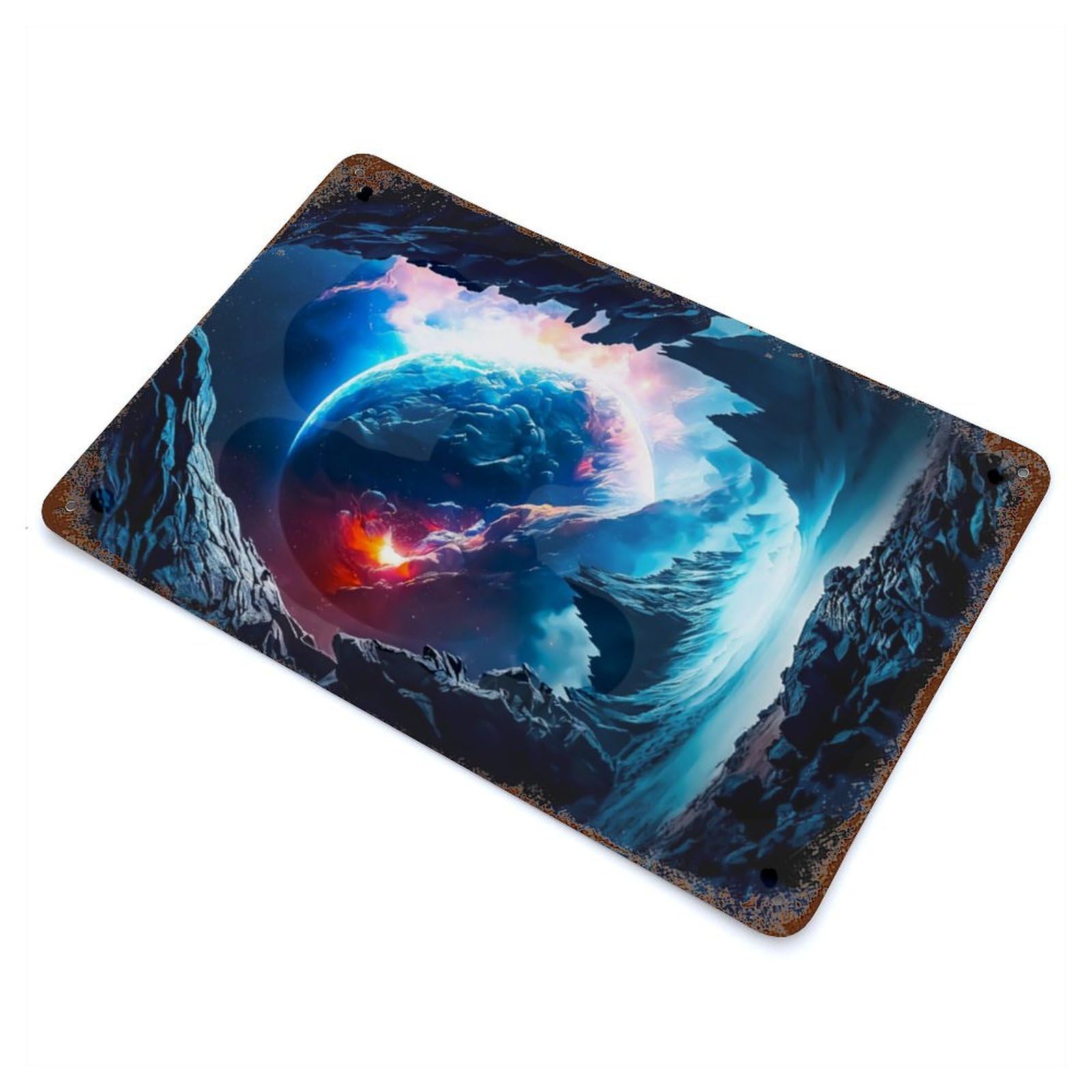Planet Inside Rustic Tin Plaque 11.8"x7.9", for Living Room, Hallway And Home Decor, Decorative Metal Wall Art