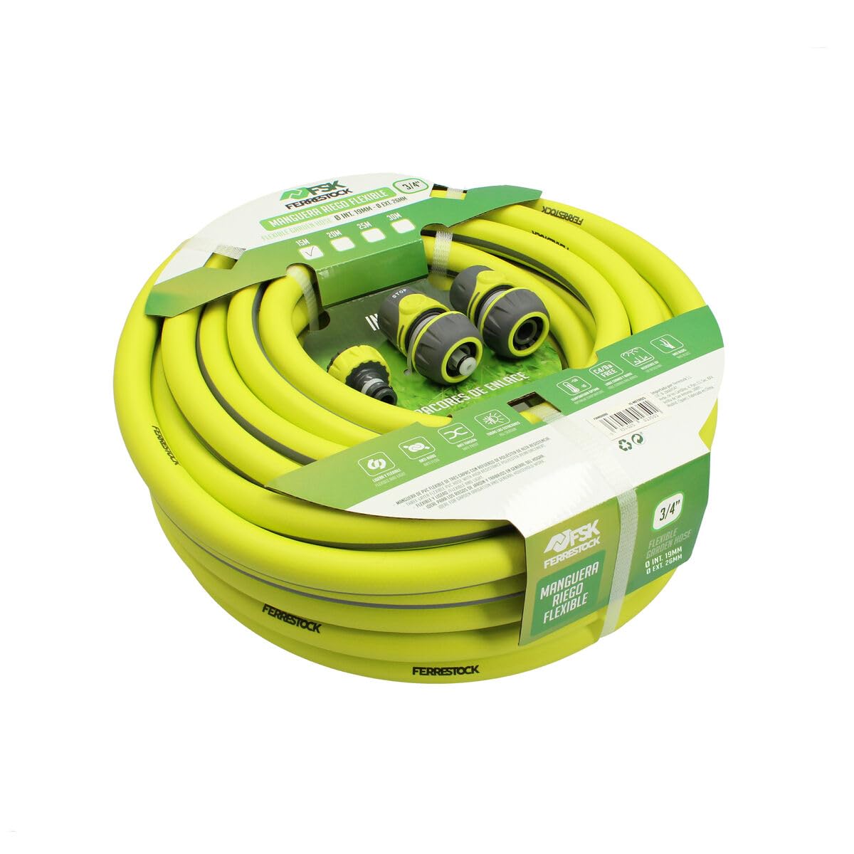 Ferrestock Manguera de Jardín de 15 Metros, 3/4" de grosor (19mm), Antitorsión, PVC Flexible con Refuerzo de Poliéster, 3 Capas, Resistente a los Rayos UVA, Antialgas, Incluye Accesorios
