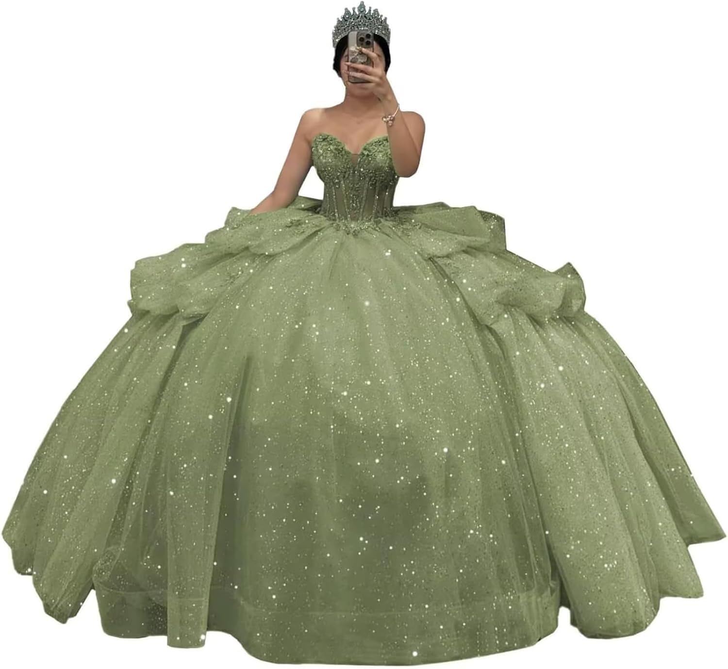 Tulle Puffy Quinceanera Dresses Lace Sequins Sparkly Strapless Sweet 16 Ball Gowns