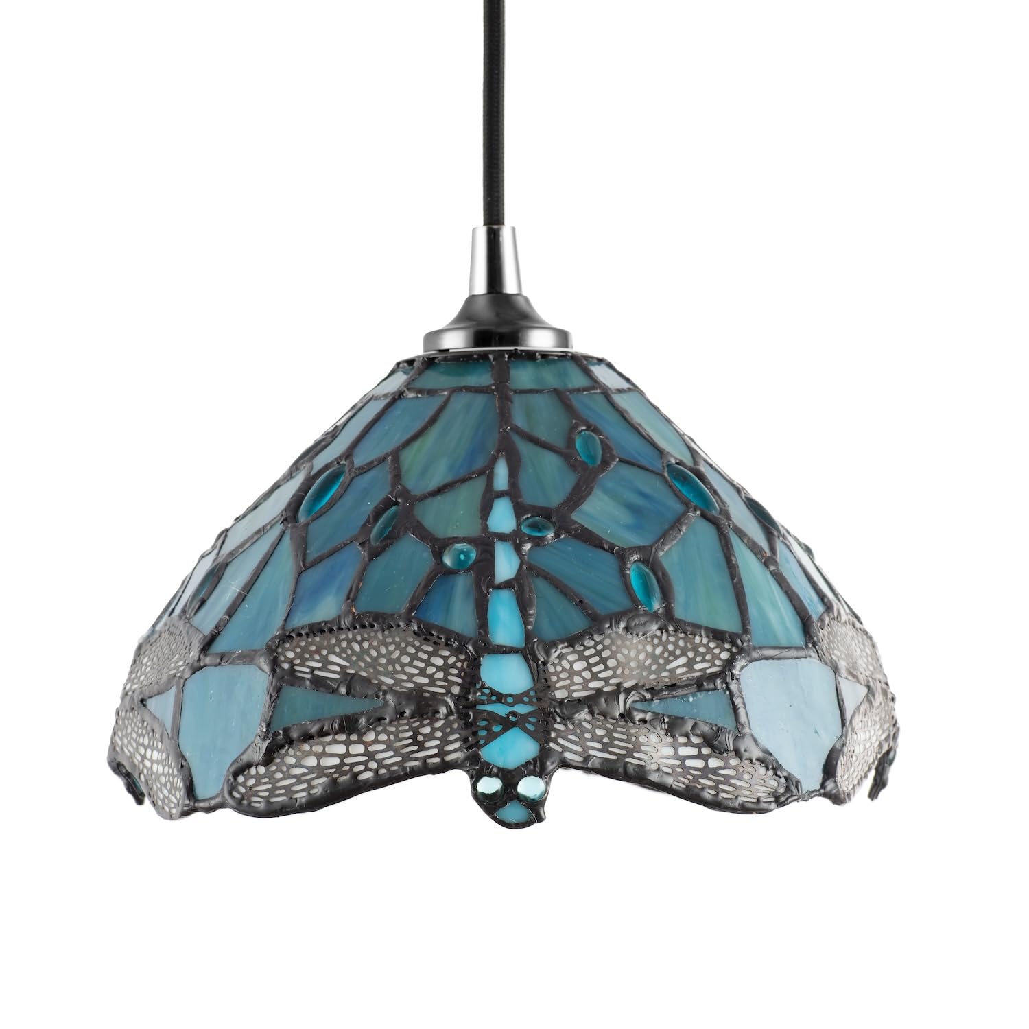 Traditional Dragonfly Themed Emerald Green Stained Glass Tiffany Pendant Lamp Shade with Blue and Clear Beads | 20cm x 14cm | 40w Maximum by Happy Homewares — image 1