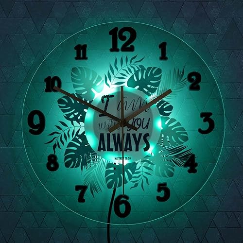 Miniatura 7 de The Geeky Days Reloj de pared silencioso con texto en inglés "I Am with You Always Bible Verse Green Leaves Silent Wall Clock con luz LED que cambia