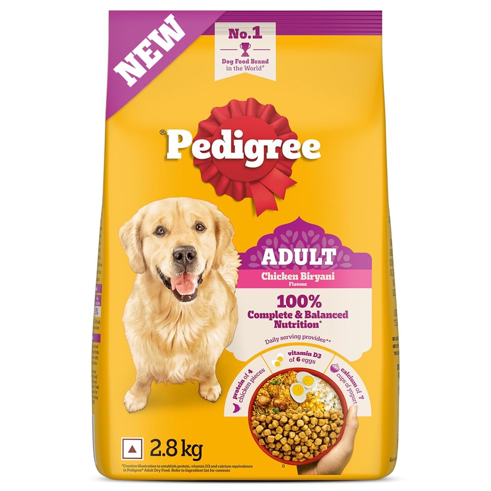 Pedigree Adult Dry Dog Food, New Chicken Biryani Flavour, 2.8kg, Protein of 4 Chicken Pieces, Vitamin D3 of 6 Eggs, Calcium of 7 Cups of Yogurt, 100% Complete and Balanced Nutrition​