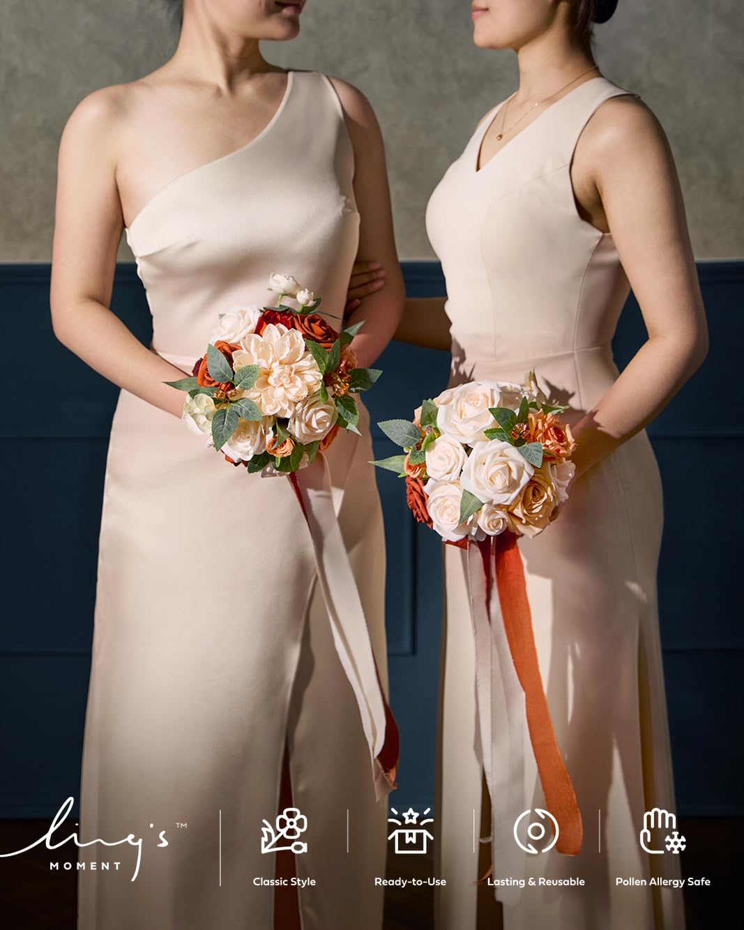 Condition photo showing New/Like New for ling's moment wedding artificial flowers package, terracotta orange | bridal bouquet, bridesmaid bouquets, boutonniere for men, rose petals, fall wedding decor