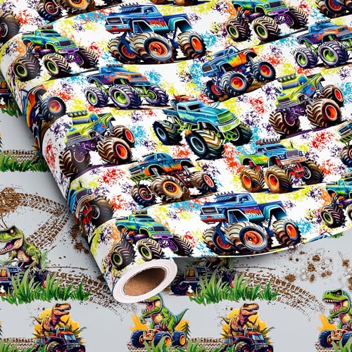 Dtiafu Reversible Monster Truck Wrapping Paper Roll for Boys Kids - Dinosaur in Pickup Racing Car Gift Wrap Sheets for Birthday Baby Shower Holiday Party (Total 28.5sq.ft)