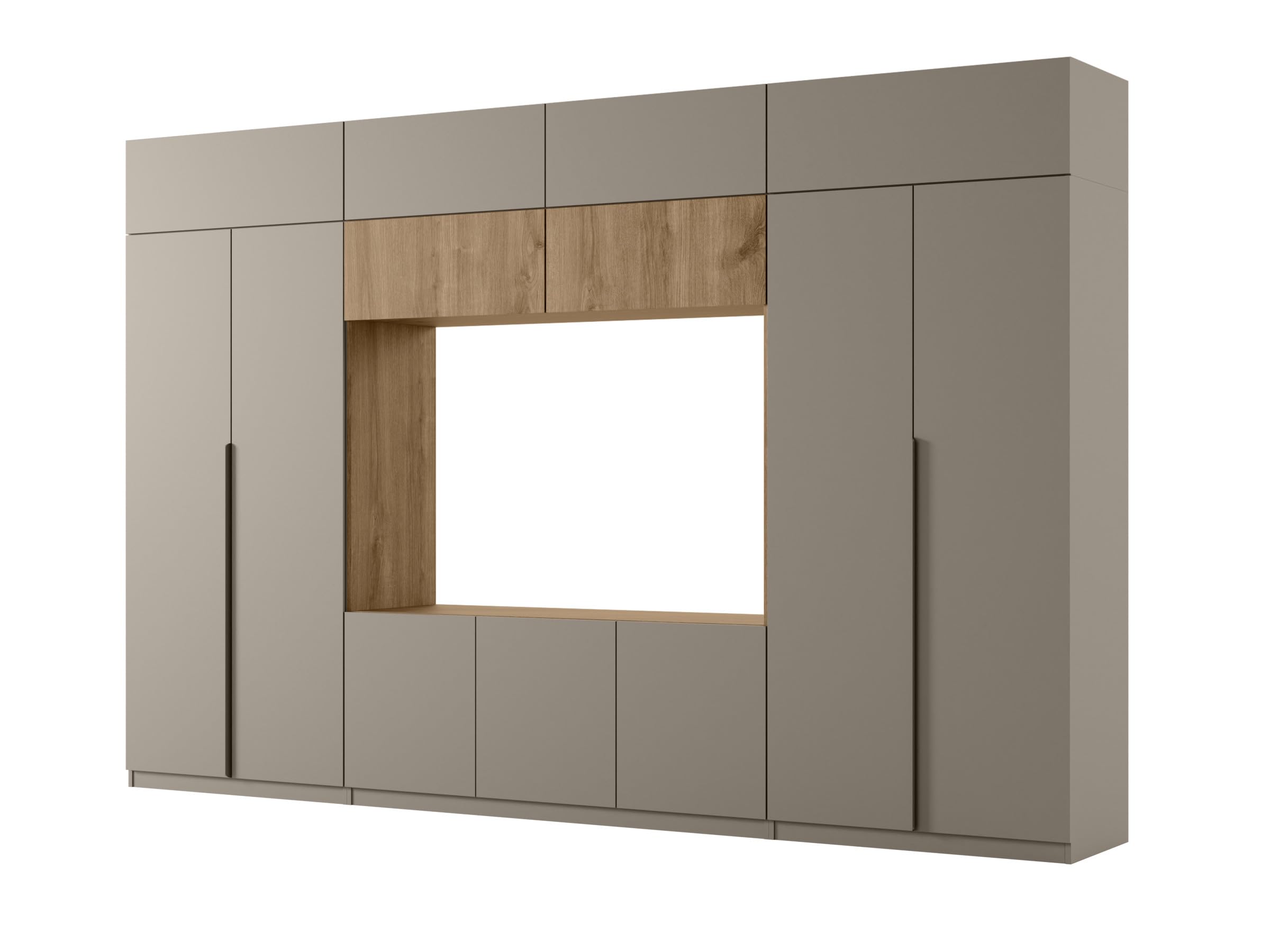 Meblościanka do salonu Infinity – nowoczesna meblościanka, 365 x 240 x 54 cm, szafka RTV, możliwość rozbudowy, szafki górne, regały, szuflady (Kalahari)