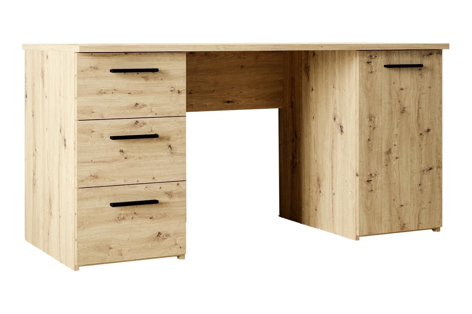 Forte NET307 Schreibtisch 140, moderner Schreibtisch mit 3 Schubladen und 1 Schranktür, Holzwerkstoff, Artisan Eiche Holzdekor, 138,2 cm breit x 75,3 cm hoch x 60 cm tief