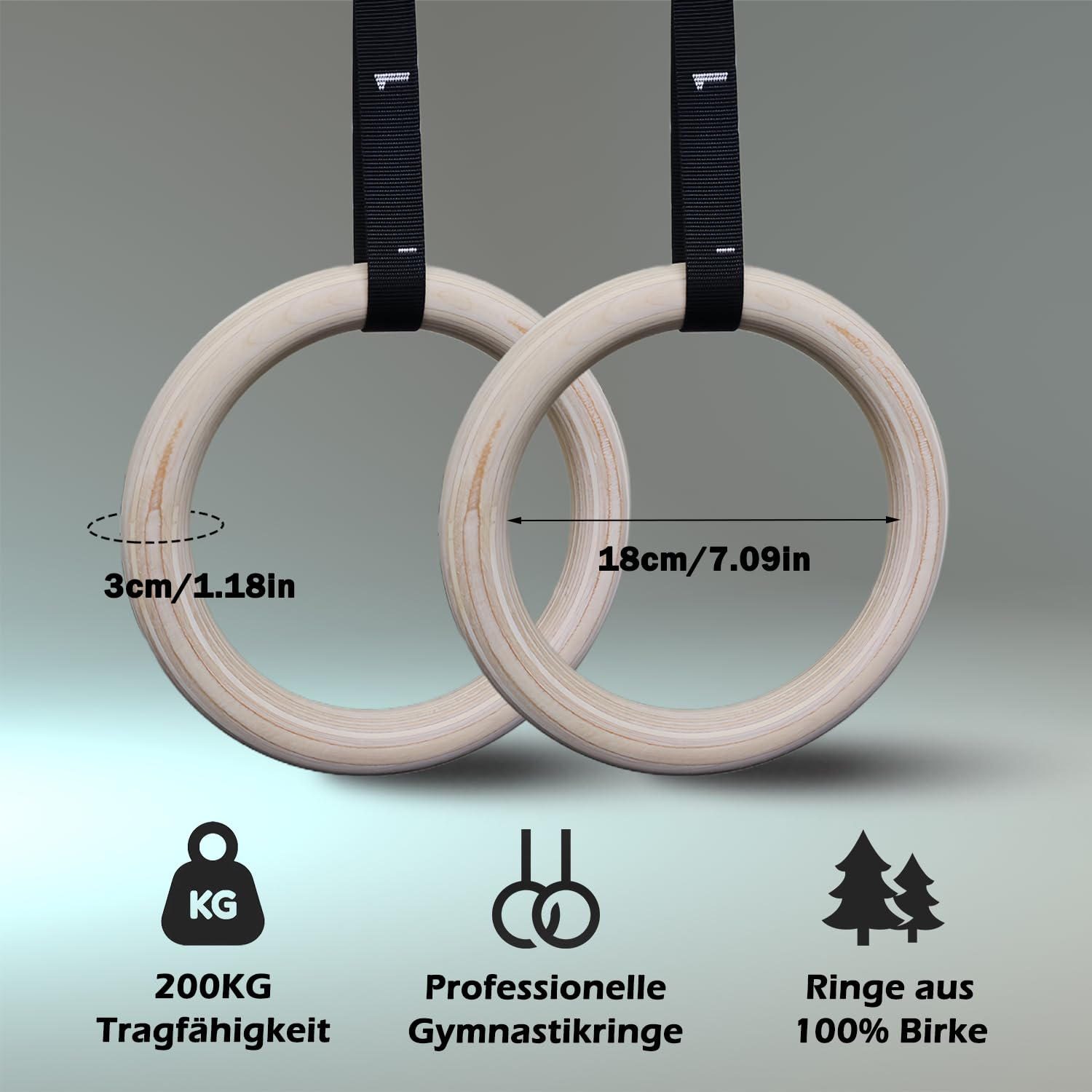 Turnringe Holz Gym Rings, Gymnastikringe mit Verstellbaren Buckle Straps und Markierungen aus Metall, Calisthenics Ringe für Erwachsene Kinder Indoor Outdoor