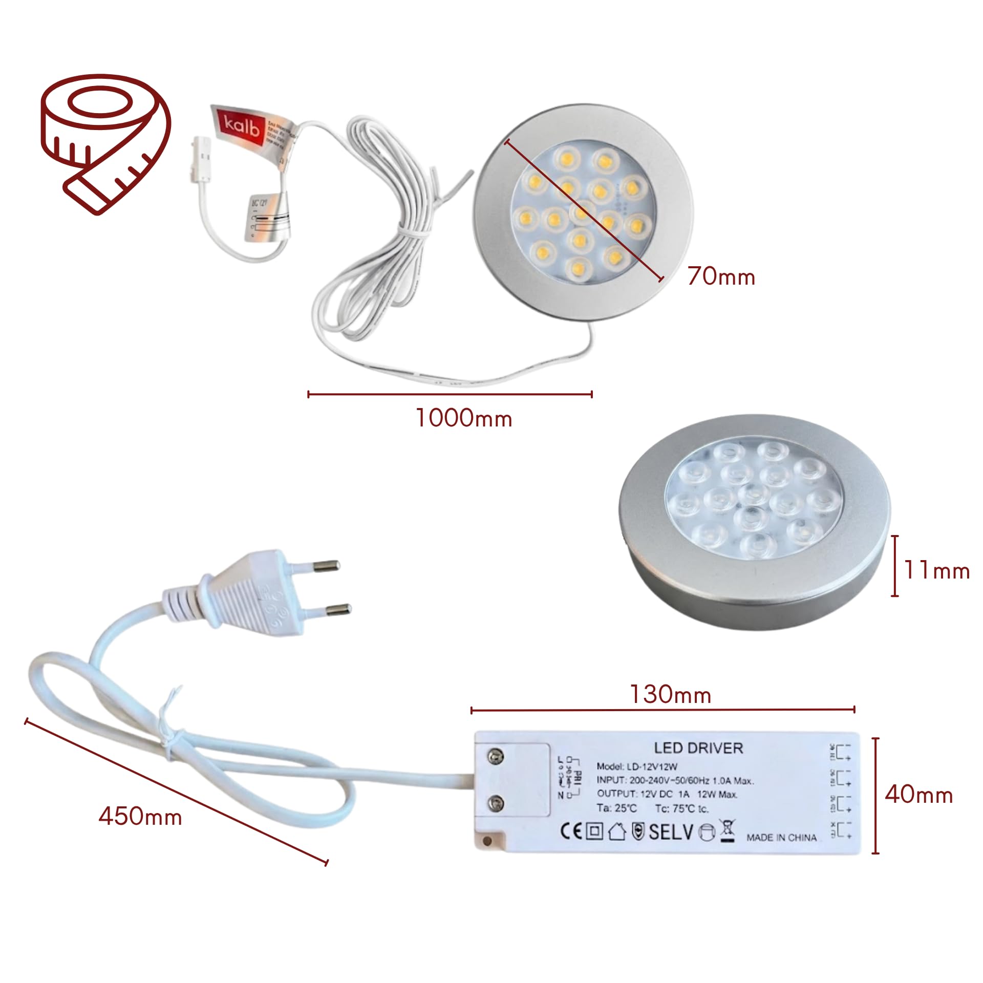 kalb | focos LED cocina bajo mueble Orbis set 3 12V 4000K gris plata con transformador focos empotrables mueble iluminación encimera 70 mm