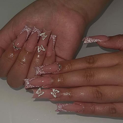 Miniatura 1 de Uñas postizas a presión con punta francesa con purpurina, uñas postizas largas cuadradas con diseños de dijes de mariposa, uñas postizas de