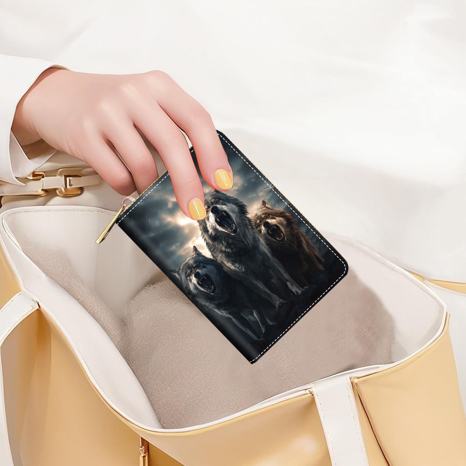 Credit Card Holder Wallets for Women, RFID Blocking Small Leather Card Case Wallet with Zipper Accordion Wallets, Wolf Howling Under The Moon - Image 7