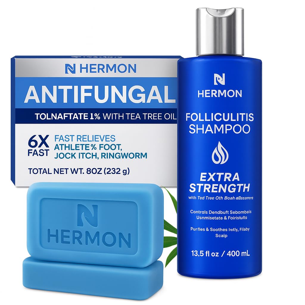 Hermon Folliculitis Treatment Kit: Shampoo & Soap Combo for Scalp, Body & Intimate Areas – Soothes Itch, Clears Acne Bumps, Fights Fungal Infections &