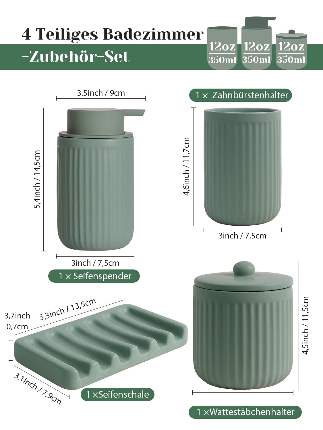 Badezimmer Set Grün, 4-teilig Keramik Bad Zubehör - 350 ml Seifenspender, Zahnputzbecher, Seifenschale & Wattestäbchen Behälter, Deko Badausstattung Set für Waschbecken