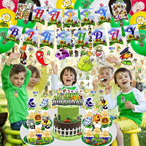 Pvz Game Birthday Party Supplies, 126Pcs Zombies Party Decorations Sets Include Banner, Cake Topper, Plates, Hanging Swirls, Stickers, Balloons, Plants Game Theme Birthday Party Supplies For Boys And Girls #TOP2