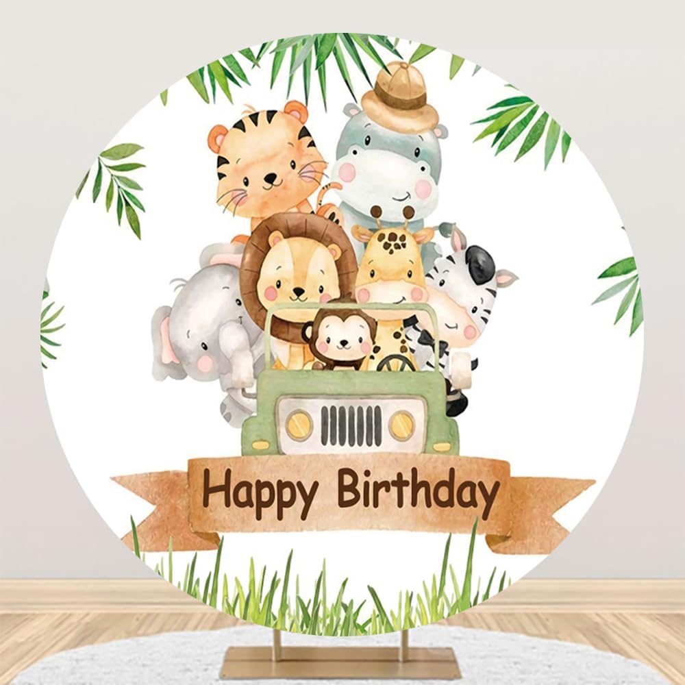 2m Sfondo Rotondo per Compleanno con Animali Della Giungla Giungla Animali Piante Tropicali Fotografia Bambino Doccia Sfondo Copertura Bambini 1 ° Compleanno Decorazione Banner Studio Prop