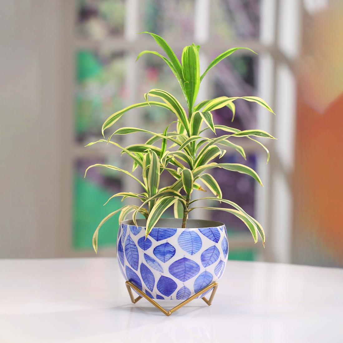 DEKORNEST Lavender Blue Metal Decorative Pot Planter with Designer Golden Stand for Indoor Plants with Drainage for Home Decor, Living Room, Bedroom, Table Top, Office, Gifting, Decoration (B0CG4D7FJF) Amazon Price History, Amazon Price Tracker