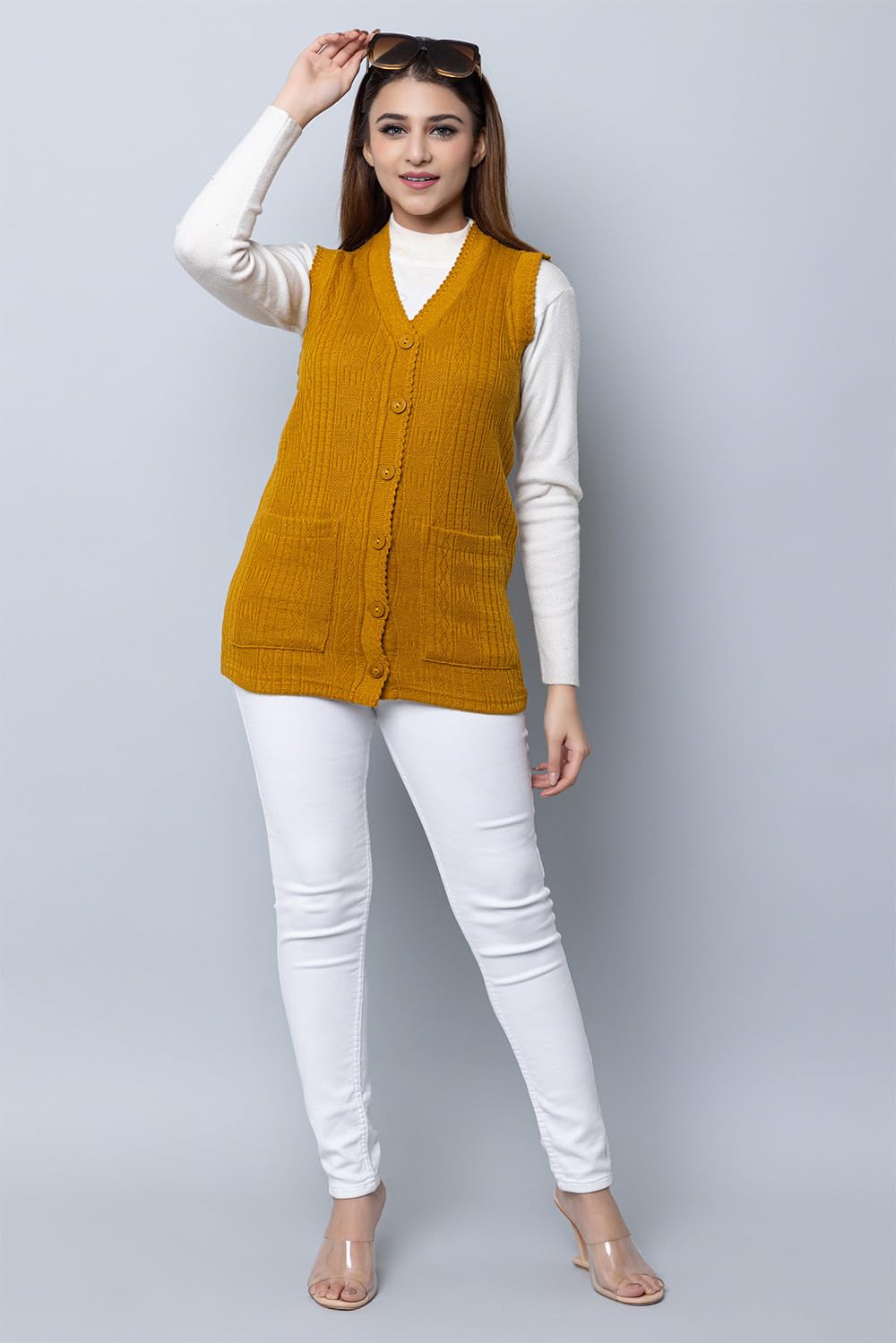 HIFZAA Wool Sleeveless Sweater For Women With Pockets Cardigan Winter Wear Sweaters For Ladies Plus Size Gold-5XL - Image 5 thumbnail