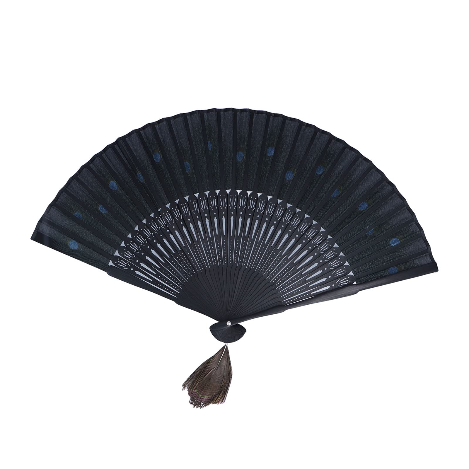 Abanico de Mano de Bambú Antiguo Plegable con Patrón de Pavo Real para Decoración de Pared