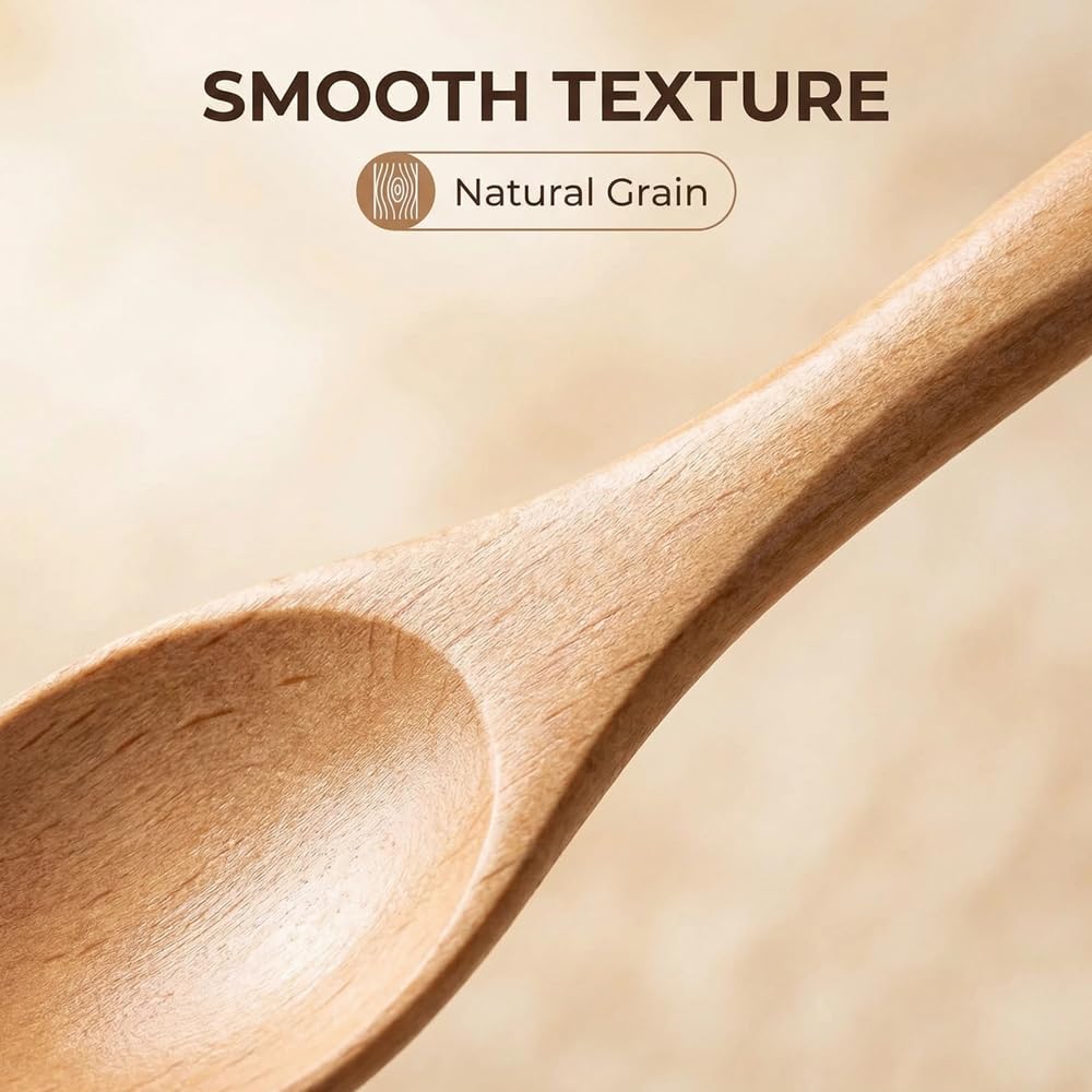 3PCS Wooden Spoons Long Handle Mixing Stirring Utensils 20cm Natural Solid Wood Oval Scoop for Adults Chefs Professionals for Cooking Baking Coffee Honey Jars for Home Kitchen Dining — view 3