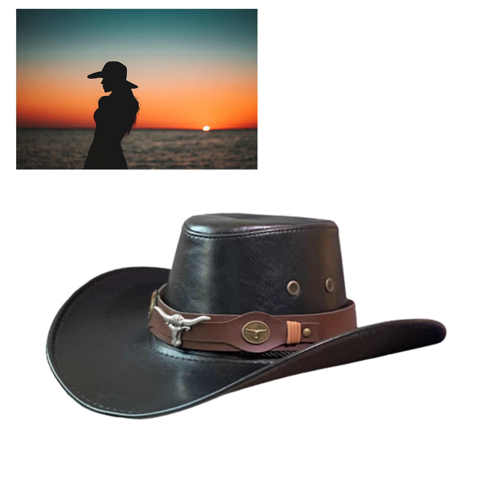 WEISUYUUS Handmade Cowboy Hat Wide Brim Hat with Bull Horn  display picture 1