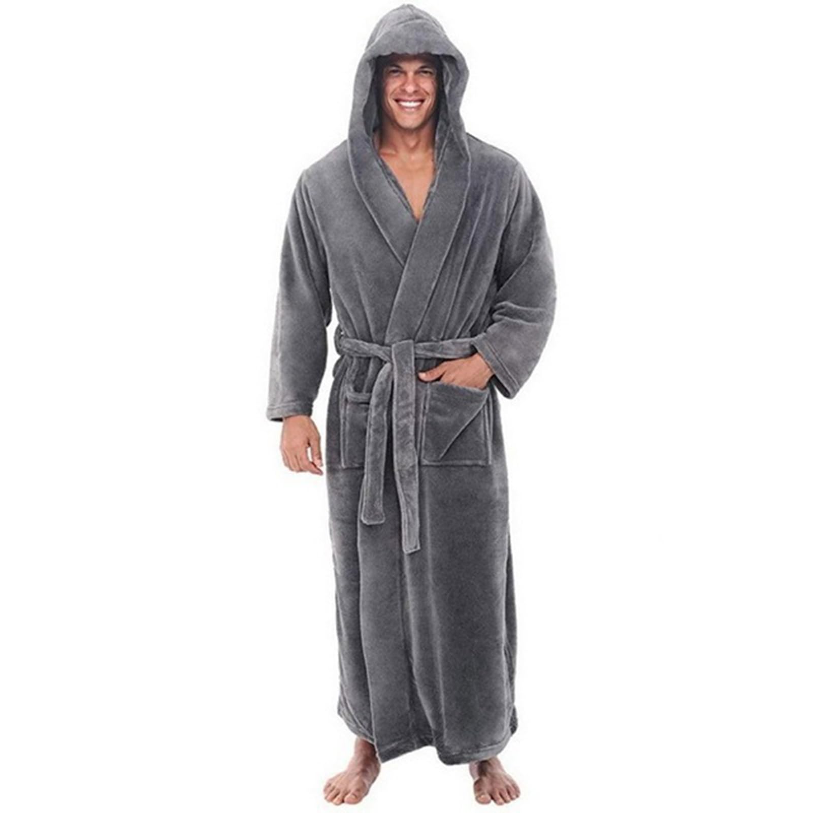 matumou Men Hooded Bathrobe with Adjustable Belt Super Soft Fluffy Highly Absorbent Color Pocket Design Male Bathrobe