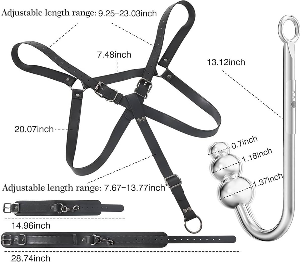 Gancio anale BDSM regolabile con 3 butt-plug in metallo, cinturini in pelle abbinabili a corde bondage, manette e bavaglio — set fetish per coppie e roleplay