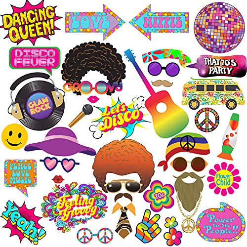 70s Photo Booth Props, BizoeRade 41pcs 1970s Theme Party Props for Disco Party Decorations, 70â€™s Party Favors Supplies for Hippie Party, Disco Fever Party, Woodstock Party