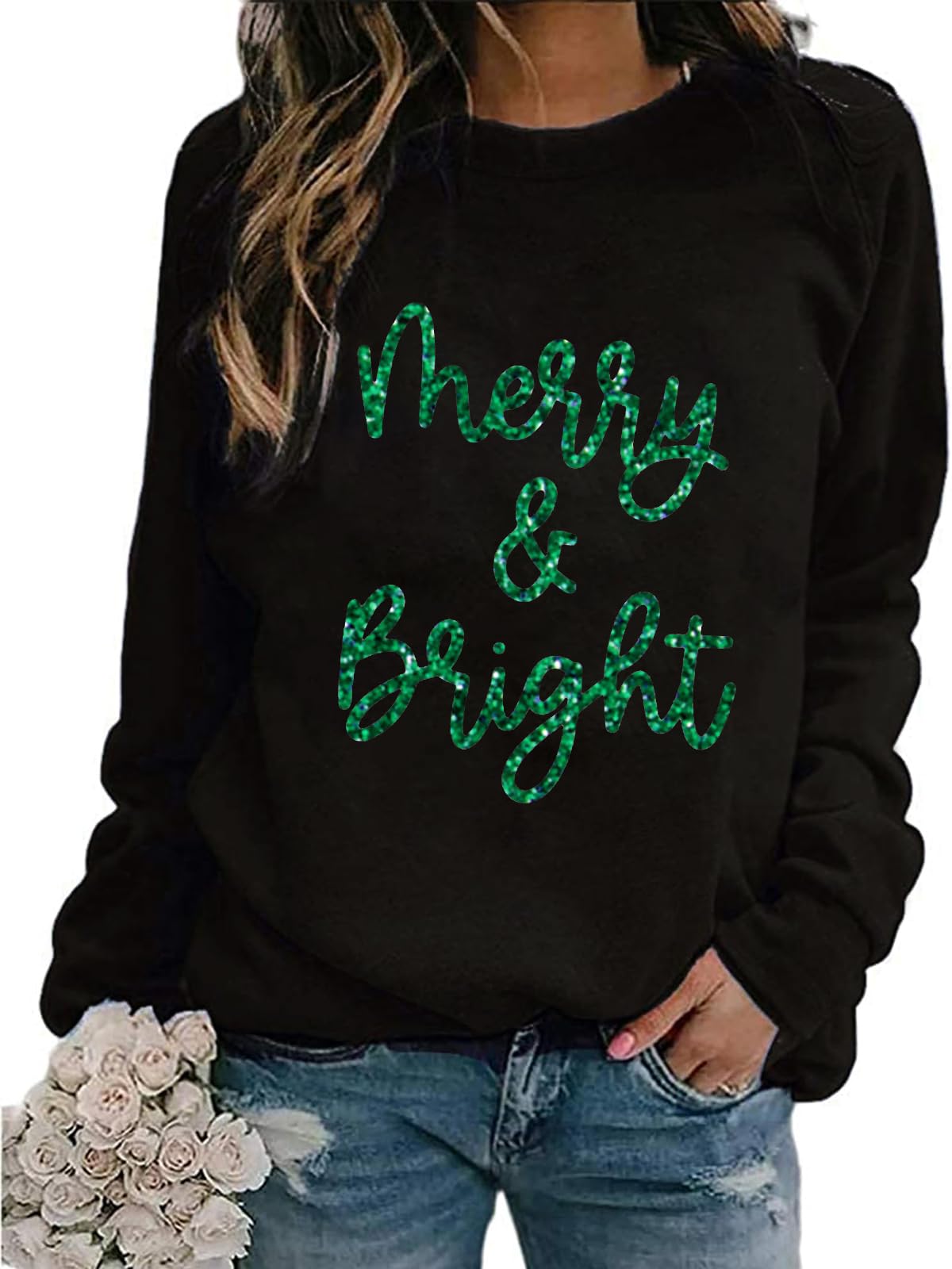 urvatac Christmas Sweatshirts Women Merry and Bright Christmas Crewneck Shirts Xmas Holiday Glitter Long Sleeve Pullover Top-picture-11