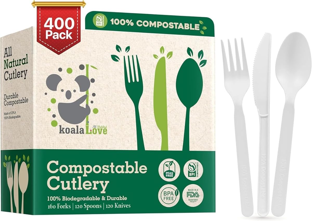 100% Compostable cutlery knives forks spoons Large Disposable Biodegradable Compostable Utensils Durable HeavyDuty Silverware heat resistant alternative to plastic with convenient tray 7inch (400)