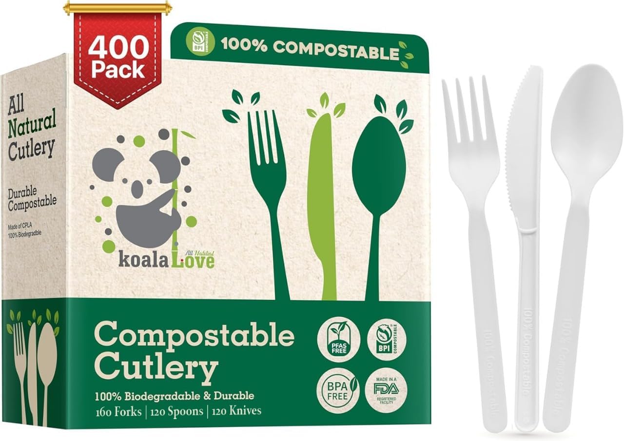 100% Compostable cutlery knives forks spoons Large Disposable Biodegradable Compostable Utensils Durable HeavyDuty Silverware heat resistant alternative to plastic with convenient tray 7inch (400) - Amazon product rated Grade B