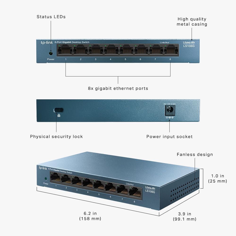 TP-Link LS108G 8-Port Desktop/Wallmount Gigabit Ethernet Switch/Hub, Network Splitter, Plug and Play, Steel Case